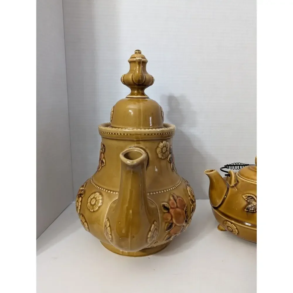 VINTAGE 1950s APCO JAPAN MCM LARGE AND SMALL TEAPOT Tan Ceramic